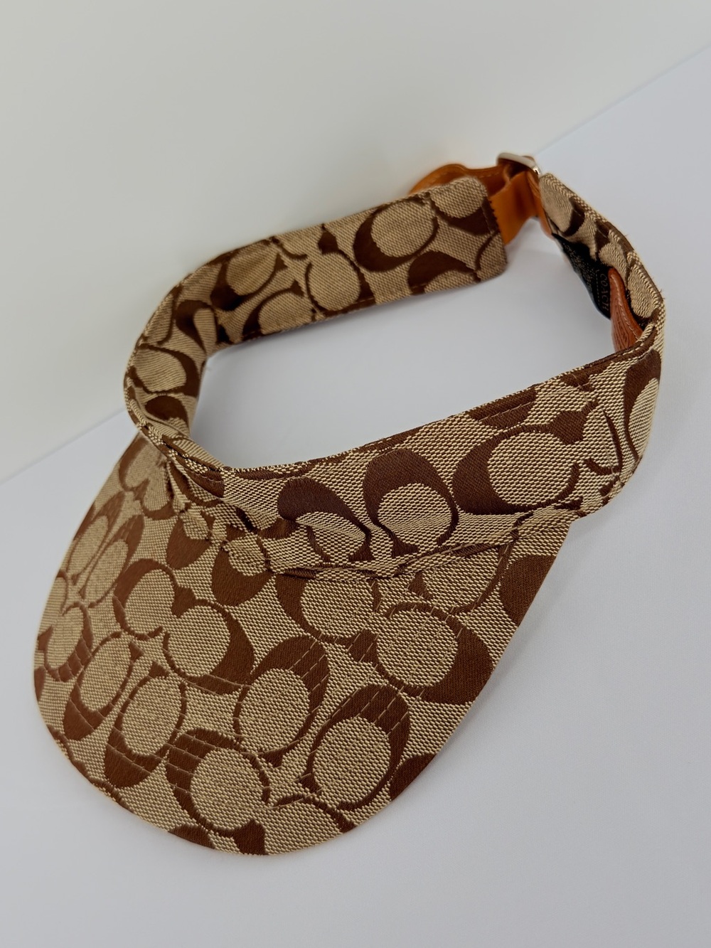 Coach Signature Logo Jacquard Visor Hat Khaki Brown Adjustable Sun Visor - Picture 8 of 9